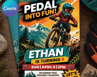 May include: A colorful invitation with the text "PEDAL INTO FUN!" features a mountain biker on a teal bike. The invitation is for Ethan's 8th birthday, with the date, time, and location details. The design includes mountain graphics and the phrase "LET'S RIDE!"