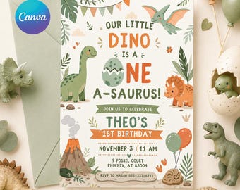 Dinosaur 1st Birthday Invitation Template, One-A-Saurus Dinosaur 1st Birthday Party Invite,  Dino Party Template, Jurassic Party, Canva