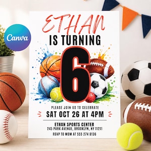 Sports Birthday Invitation, Editable Canva Template, Printable All-Star Party Invite, Multi-Sport Theme Birthday Card for Kids