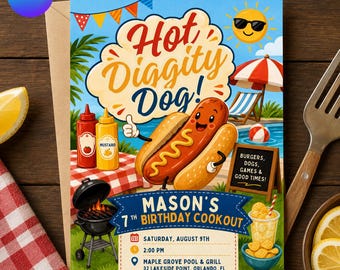 Hot Diggity Dog 7th Birthday Invitation, Backyard BBQ Pool Party Cookout Invite for Boys, Editable Printable Canva Template