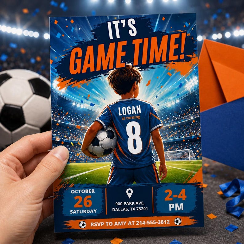 May include: A soccer-themed invitation with the text "IT'S GAME TIME!" and details for a birthday party. The invitation features a boy in a soccer uniform holding a soccer ball, with the number 8 on his jersey. The date is October 26.