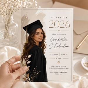 May include: Graduation announcement card featuring a woman in a graduation gown and cap. The card reads "Class of 2026" and invites guests to a "Graduation Celebration" on June 20th at 6 PM. The Willow Estate is the venue.