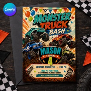 May include: A rectangular party invitation featuring three monster trucks in teal, red, and green on a muddy background. The text reads Monster Truck Bash, Mason is turning 4, Saturday, March 21st, 2:00 PM, Mud Pit Party Park, 18 Canyon Ridge Rd, Mesa, AZ 85201, RSVP to Jack 555-0155.