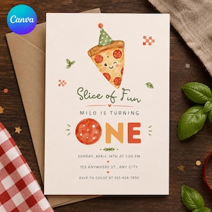 May include: A birthday invitation card featuring a watercolor illustration of a smiling pizza slice wearing a green party hat. The text reads Slice of Fun, Milo is turning one, with event details including Sunday, April 14th at 1:00 PM.