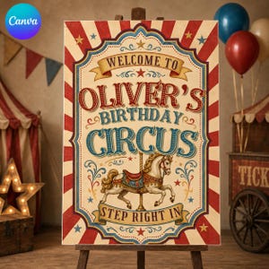 May include: A rectangular sign with a cream background and red and white striped borders. The text reads WELCOME TO OLIVER'S BIRTHDAY CIRCUS and STEP RIGHT IN. A carousel horse illustration is centred between the text, featuring ornate details.