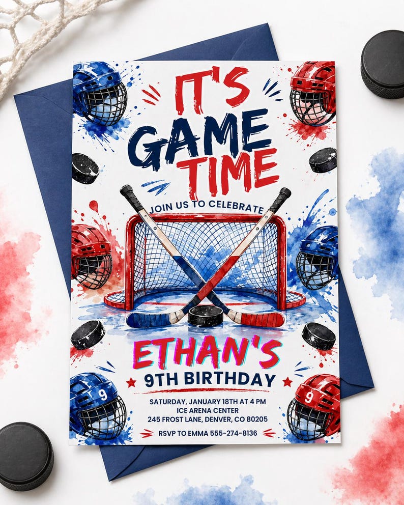 May include: A hockey-themed birthday invitation with a white background, featuring red and blue accents. The design includes a hockey net, crossed hockey sticks, helmets, and pucks. Text reads "It's Game Time" and details for Ethan's 9th birthday.