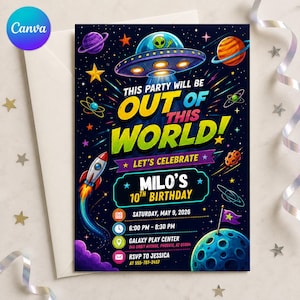 May include: A space-themed birthday invitation card featuring a dark blue background with planets, stars, a rocket, and a UFO with an alien. The text reads: This party will be out of this world! Let's celebrate Milo's 10th birthday, Saturday, May 9, 2026.
