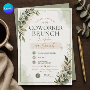 May include: A rectangular invitation card for a coworker brunch featuring watercolour eucalyptus leaves in shades of green. The text reads Celebrate With Us, Coworker Brunch, Invitation For Sarah, Sunday August 30 2026, 11:30 AM, Garden Café, 88 Willow Street, and RSVP By August 20.