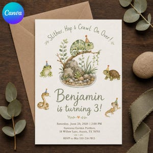 May include: A birthday invitation card featuring watercolour illustrations of a chameleon, frog, turtle, snake, and lizard wearing party hats. The text reads: Slither, Hop & Crawl On Over! Benjamin is turning 3! Saturday, June 20, 2026, 2:00 PM, Sunstone Garden Pavilion, 18 Willow Lane, Austin, TX 78703, RSVP to Mia 555-214-7813.