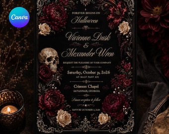 Può includere: Un invito di nozze nero con testo dorato, un teschio umano e bordi floreali rosso scuro e crema. Il testo recita: Forever begins on Halloween, Vivienne Dusk & Alexander Wren, request the pleasure of your company, Saturday, October 31, 2026, at half past six, Crimson Chapel, Savannah, Georgia, dinner reception to follow, RSVP by October 2, 2026.