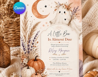 May include: A baby shower invitation card featuring a ghost wearing a floral crown, a crescent moon, dried pampas grass, lavender, and pumpkins. The text reads A Little Boo Is Almost Due, Riley Morgan, Sunday, October 11, 2026, 1:00 PM - 4:00 PM, The Willow House, 276 Harvest Road, Cedar Falls, Hosted with love by Emma & June, RSVP to Emma at (555) 017-2843 by October 1.