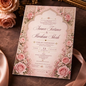 May include: A rectangular wedding invitation card in soft pink with an arched frame, featuring floral illustrations of pink roses and white blossoms. The text includes the names Amna Fatima and Ibrahim Shah, the date 15 June 2025, and venue details.