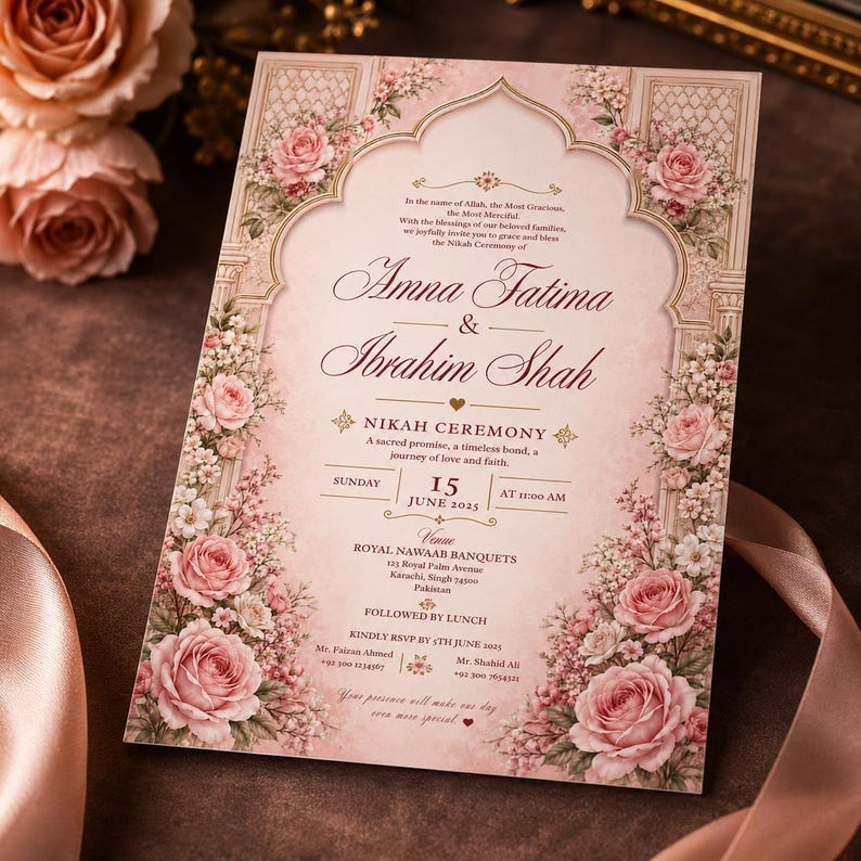 May include: A rectangular wedding invitation card in soft pink with an arched frame, featuring floral illustrations of pink roses and white blossoms. The text includes the names Amna Fatima and Ibrahim Shah, the date 15 June 2025, and venue details.
