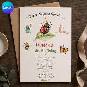 May include: A birthday invitation card featuring watercolor illustrations of a ladybug on a leaf, a bee, a butterfly, and a worm, all wearing party hats. The text reads: We're Bugging Out For Mason's 7th Birthday, Sunday, June 14, 2026, 1:00 PM.