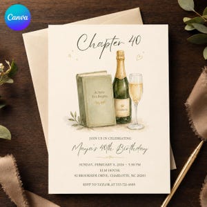May include: A cream-colored birthday invitation card featuring a watercolor illustration of a green book titled A New Era Begins, a champagne bottle, and a glass. The text reads Chapter 40, Join us in celebrating Maya's 40th Birthday, Sunday, February 8, 2026, 5:30 PM, Elm House, 92 Brookside Drive, Charlotte, NC 28203, RSVP to Taylor at 555-721-6699.