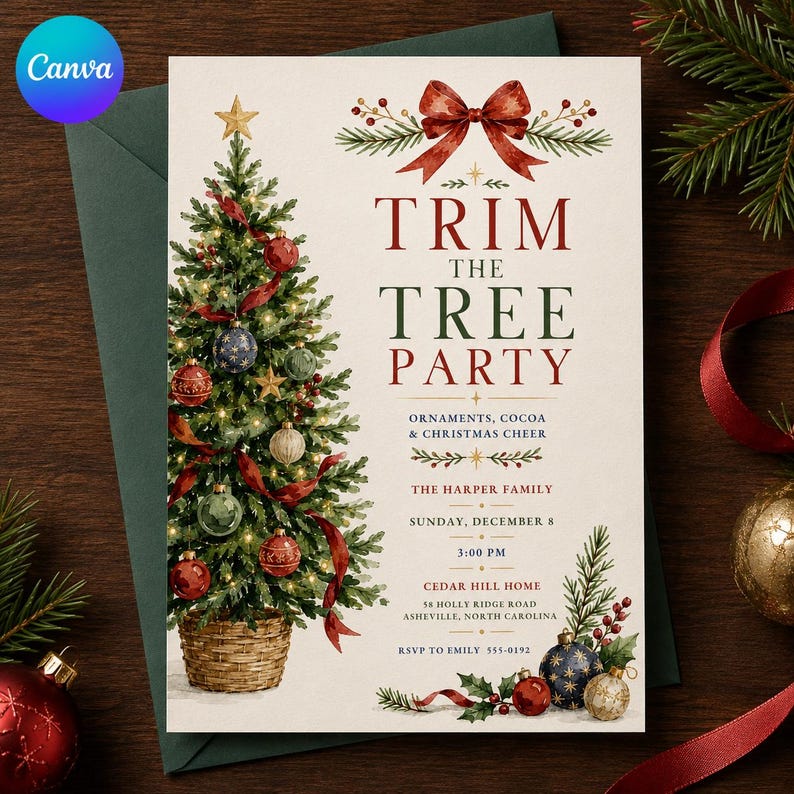 Trim the Tree Christmas Invitation, Ornament Decorating Hot Cocoa Party ...