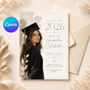 May include: Graduation announcement featuring a young person in a graduation cap and gown. The invitation has text that reads "Class of 2026" and "Graduation Celebration". The design includes floral accents and a neutral color palette.