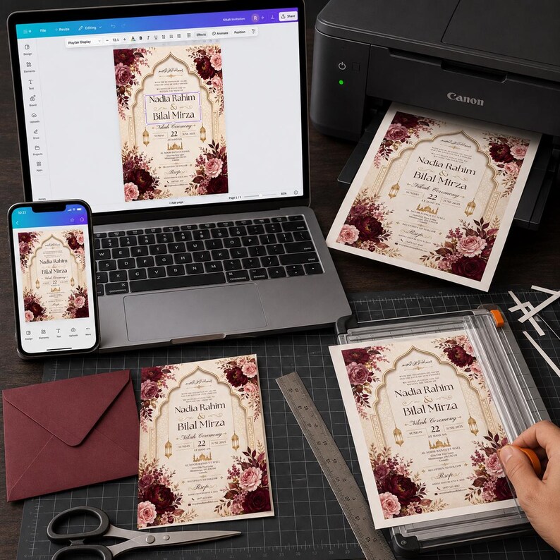 May include: A wedding invitation design featuring deep burgundy and blush floral arrangements, gold archway accents, and the text Nadia Rahim & Bilal Mirza. The invitation is displayed on a laptop screen, a smartphone, a printer, and a paper cutter.
