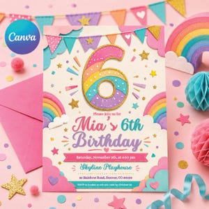 May include: A pastel-coloured birthday invitation with a rainbow theme. The invitation features a large number 6, the text "Mia's 6th Birthday", and event details. The design includes rainbows, stars, and decorative elements in pastel colours.
