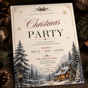 May include: A rectangular Christmas party invitation card featuring a snowy mountain landscape with a cabin, pine trees, and a fence. The text reads: Please join us for a Christmas party, Saturday Dec 21 2026 6:30 PM, The Anderson Lodge, 789 Snowflake Drive, Winterville, CA 12345.