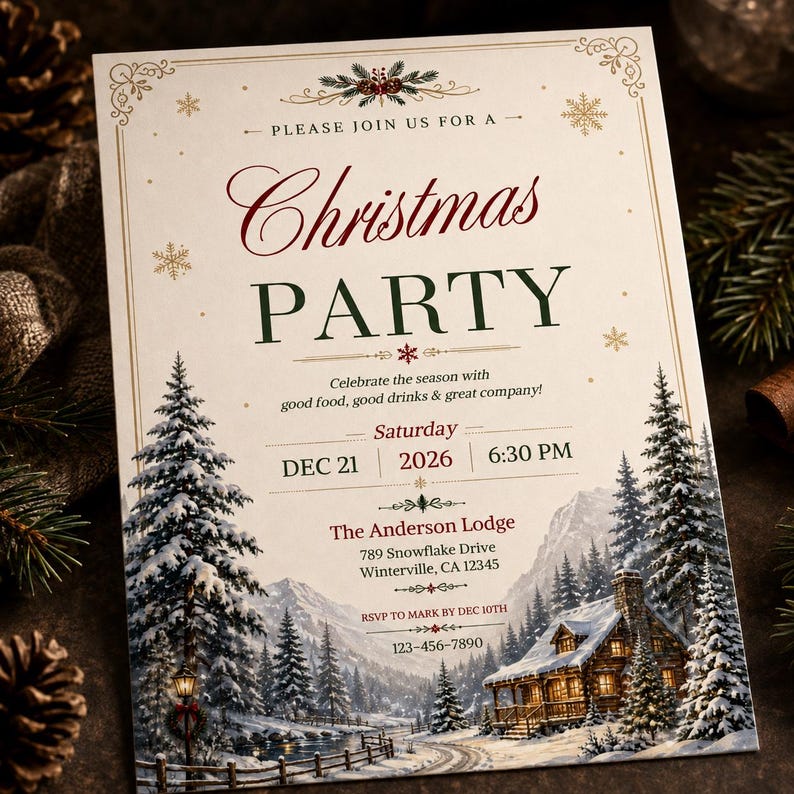 May include: A rectangular Christmas party invitation card featuring a snowy mountain landscape with a cabin, pine trees, and a fence. The text reads: Please join us for a Christmas party, Saturday Dec 21 2026 6:30 PM, The Anderson Lodge, 789 Snowflake Drive, Winterville, CA 12345.