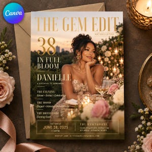 May include: A rectangular birthday invitation card titled The Gem Edit featuring a photograph of a person in a floral dress at a sunset dinner. Text includes 38 In Full Bloom, Danielle, A Birthday To Remember, June 28, 2025, and The Hawthorne, Atlanta.