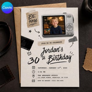 May include: A birthday invitation card featuring a digital camera graphic with a photo of a young child, the text Est. 1996, Jordan's 30th Birthday, and event details including Saturday, January 10th, 2026, 6:00 PM, at The Snapshot Studio, Nashville, TN.