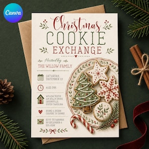 Pode incluir: Um cartão de convite cor de creme para uma troca de biscoitos de Natal com texto em vermelho e verde, uma ilustração desenhada à mão de um prato com biscoitos em forma de estrela, árvore e floco de neve, um bastão doce e detalhes do evento.