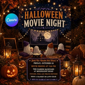 May include: A Halloween movie night invitation flyer featuring four ghost figures sitting on blankets watching a screen with a haunted house and full moon. The text reads Halloween Movie Night, Join Us Under the Stars, Friday, October 23, 7:30 PM.