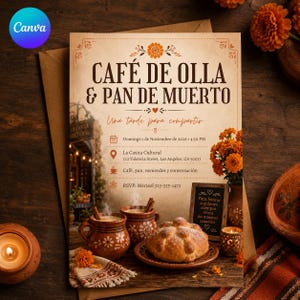 May include: A rectangular invitation card titled CAFÉ DE OLLA & PAN DE MUERTO featuring a beige background with brown text, orange marigold accents, and illustrations of two clay mugs with cinnamon sticks and a round bread roll on a plate.