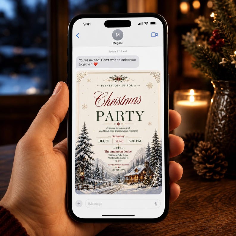 May include: A smartphone screen displaying a digital Christmas party invitation. The text reads: Please join us for a Christmas Party, Saturday Dec 21 2026 6:30 PM, The Anderson Lodge, 389 Snowflake Drive, Winterville, CA 12345. The design features a snowy landscape.