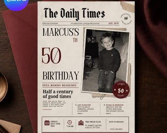 50th Birthday Newspaper Invitation, Vintage Photo Invite for Him, Born in 1976 Milestone Party Editable Canva Template