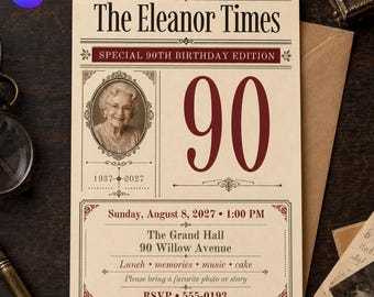 90th Birthday Invitation Newspaper Style, Vintage Milestone Birthday Party Invite, Editable Photo Invitation, Canva Template
