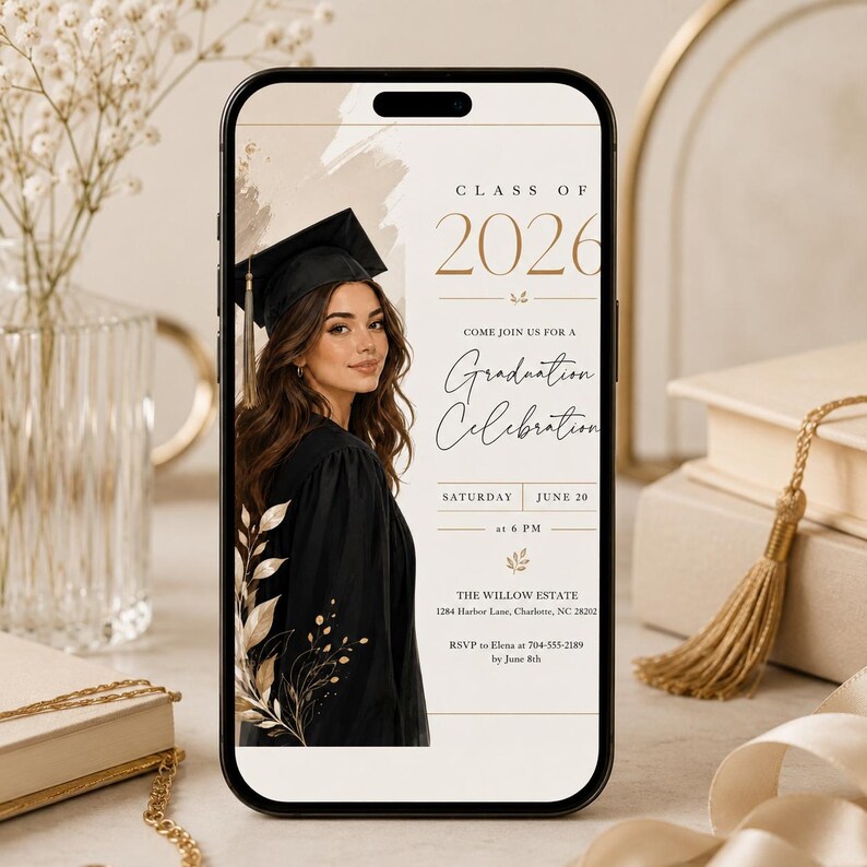 May include: A smartphone displays a graduation announcement. The design features a woman in a graduation gown and cap. Text includes "Class of 2026" and "Graduation Celebration". The background is beige with floral accents.