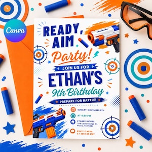 May include: A birthday party invitation with a Nerf gun theme. The invitation reads "Ready, Aim, Party!" and announces Ethan's 9th birthday. The design features orange, blue, and white colors, with toy guns, targets, and stars.