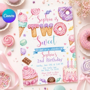 Op de afbeelding: Een aquarel uitnodiging voor Sophia's tweede verjaardag, met snoepgoed zoals ijsjes, donuts en cupcakes. De tekst luidt "Sophia is TWO Sweet" met evenementdetails: datum, tijd en RSVP-informatie.