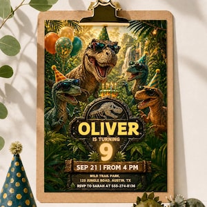 May include: A birthday party invitation featuring a dinosaur theme. The invitation includes the name "OLIVER" and the age "9". The date is September 21st, and the party starts at 4 PM. The invitation also includes the location and RSVP information.