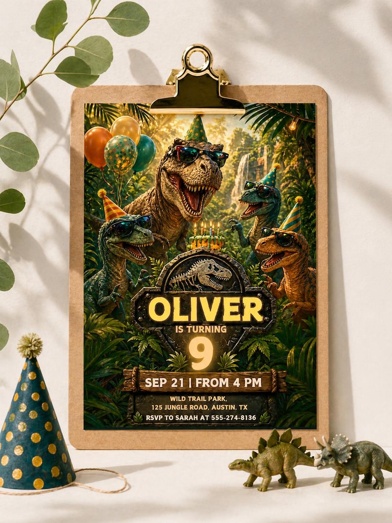 May include: A birthday party invitation featuring a dinosaur theme. The invitation includes the name "OLIVER" and the age "9". The date is September 21st, and the party starts at 4 PM. The invitation also includes the location and RSVP information.