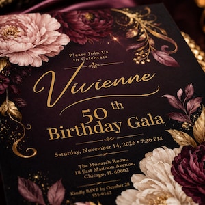 Puede incluir: Una tarjeta de invitaci&oacute;n rectangular con fondo oscuro, texto dorado e ilustraciones florales. El texto dice: Please Join Us to Celebrate Vivienne 50th Birthday Gala, Saturday, November 14, 2026, 7:30 PM, The Monarch Room, 18 East Madison Avenue, Chicago, IL 60602.