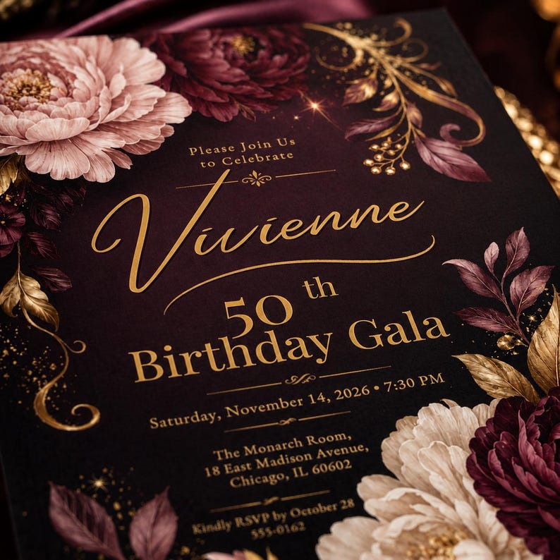 Puede incluir: Una tarjeta de invitaci&oacute;n rectangular con fondo oscuro, texto dorado e ilustraciones florales. El texto dice: Please Join Us to Celebrate Vivienne 50th Birthday Gala, Saturday, November 14, 2026, 7:30 PM, The Monarch Room, 18 East Madison Avenue, Chicago, IL 60602.