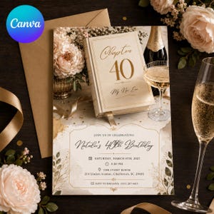 May include: A 40th birthday invitation card featuring a book graphic with the text Chapter 40 My New Era, a champagne flute, and a bottle. The card includes details for Natalie's 40th Birthday on Saturday, March 6th, 2027, at 5:30 PM at The Ivory Room.
