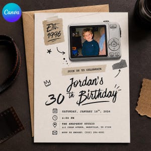 May include: A birthday invitation card featuring a digital camera graphic with a photo of a child, text reading Est. 1996, Jordan's 30th Birthday, Saturday, January 10th, 2026, 6:00 PM, The Snapshot Studio, 412 Cedar Avenue, Nashville, TN 37208, RSVP to Brooke.
