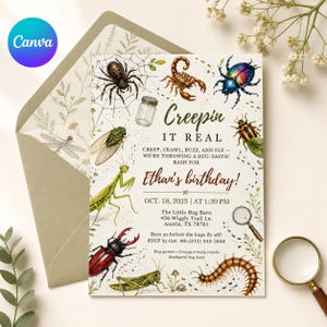 May include: A custom invitation with a bug theme. The invitation features illustrations of various insects, including a spider, scorpion, and beetle. The text reads "Creepin it Real" and "Ethan's birthday!" with event details.