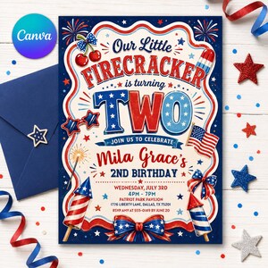 May include: A patriotic invitation for a second birthday celebration. The design features red, white, and blue colors with the text "Our Little Firecracker is turning Two." Includes details for Mila Grace's 2nd birthday, with fireworks and an American flag.