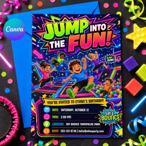 以下が含まれることがあります： 「JUMP INTO THE FUN!」のテキストと、トランポリンで跳ねる子供たちのイラストが描かれた、カラフルな誕生日パーティーの招待状。イーサンの誕生日の詳細（日付、時間、場所、RSVP情報）が含まれています。
