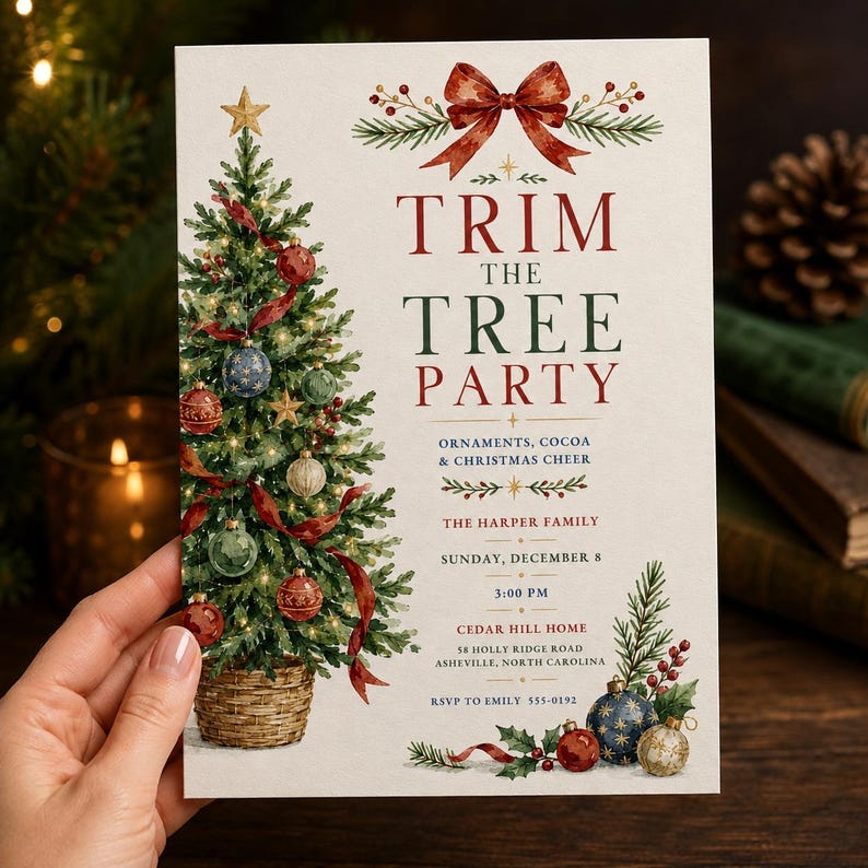 Trim the Tree Christmas Invitation, Ornament Decorating Hot Cocoa Party ...