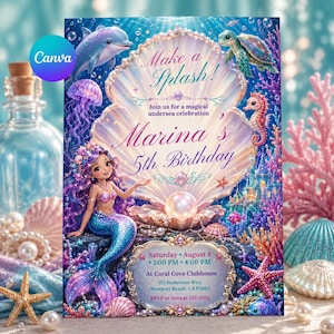 Pode incluir: Um convite de aniversário retangular com uma grande concha aberta com uma pérola, uma sereia de cabelo roxo, um golfinho, uma tartaruga marinha e um cavalo-marinho. Texto: Make a Splash! Marina's 5th Birthday, Saturday August 8, 1:00 PM - 4:00 PM, at Coral Cove Clubhouse, 512 Seabreeze Way, Newport Beach, CA 92660, RSVP to Nina at 555-0155.