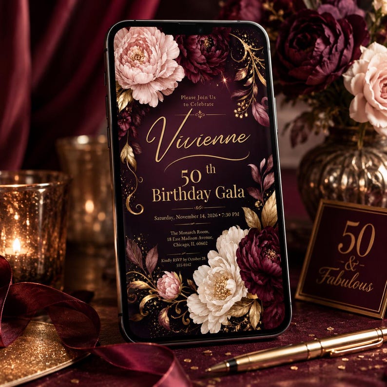 Puede incluir: Un tel&eacute;fono inteligente que muestra una invitaci&oacute;n digital para el 50 cumplea&ntilde;os de Vivienne, con ilustraciones florales en color burdeos y crema con detalles dorados, informaci&oacute;n del evento y un letrero a juego 50 & Fabulous.
