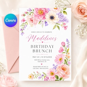 Floral Birthday Brunch Invitation Template, Floral Birthday Brunch  Template, Floral Ladies Party, Girls Party, Editable Canva Template