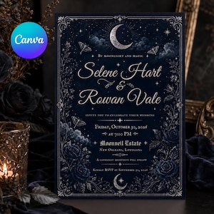 Puede incluir: Una tarjeta de invitación de boda azul oscuro con una luna creciente, estrellas y polillas en la parte superior e inferior. El texto dice: Selene Hart & Rowan Vale, invite you to celebrate their wedding, Friday, October 30, 2026, at 7:00 PM, Moonveil Estate, New Orleans, Louisiana, a candlelit reception will follow, kindly RSVP by September 30, 2026.